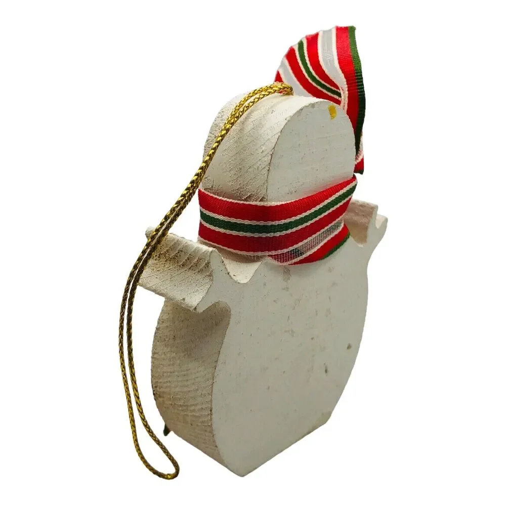 Country Wooden Block Snowman Christmas Tree Ornament Ribbon Scarf Red Green